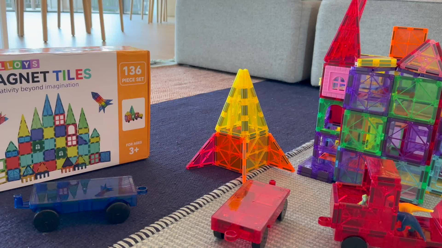 136 Pcs Magnetic Blocks with 2 Cars, Magnetic Tiles 3D Clear Building Blocks Set, STEM Sensory Educational Toys for Toddlers and Kids (3-9+ Years Old)