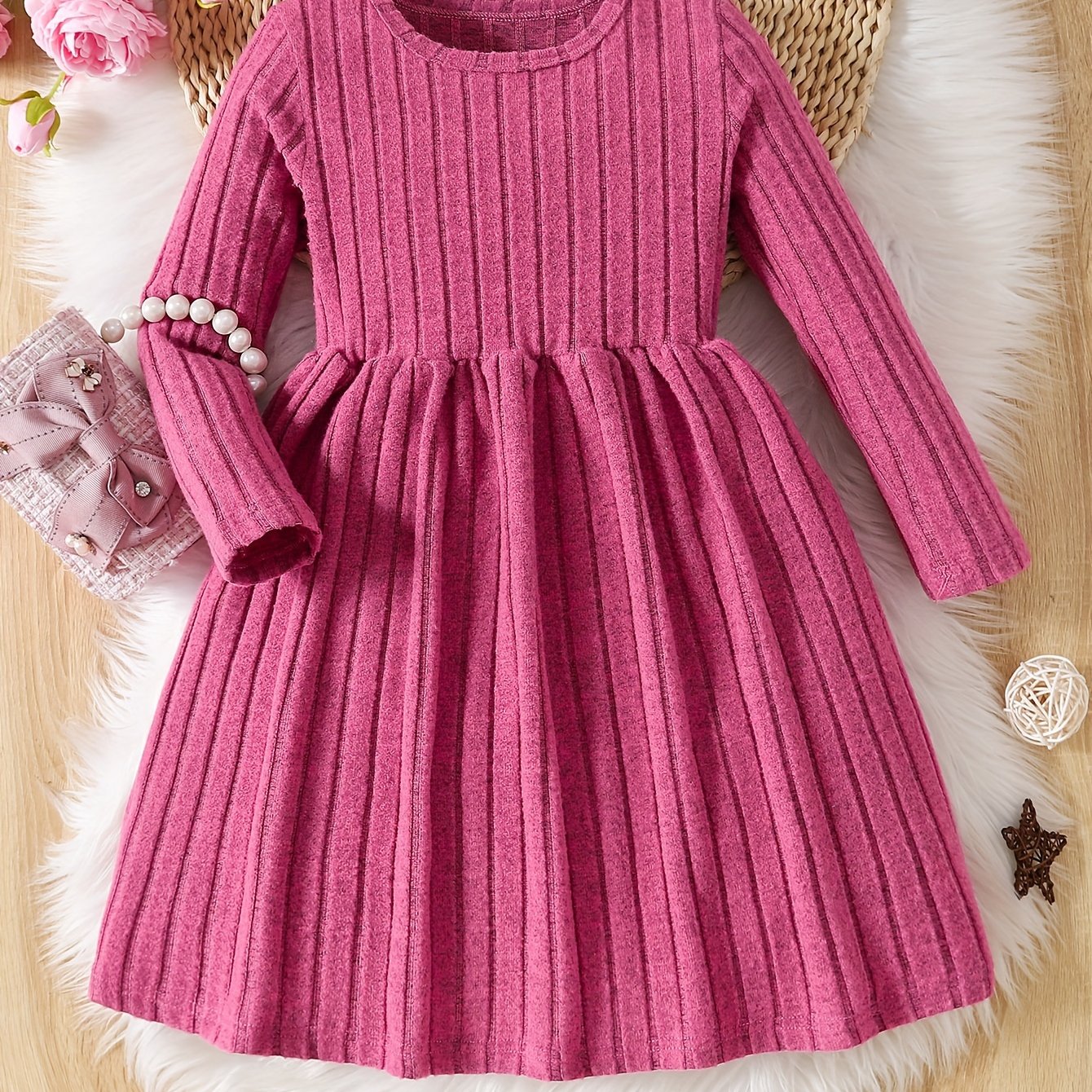Girls Solid Color Dress, Simple Versatile, Round Neck, Long Sleeve - Hiccupzz