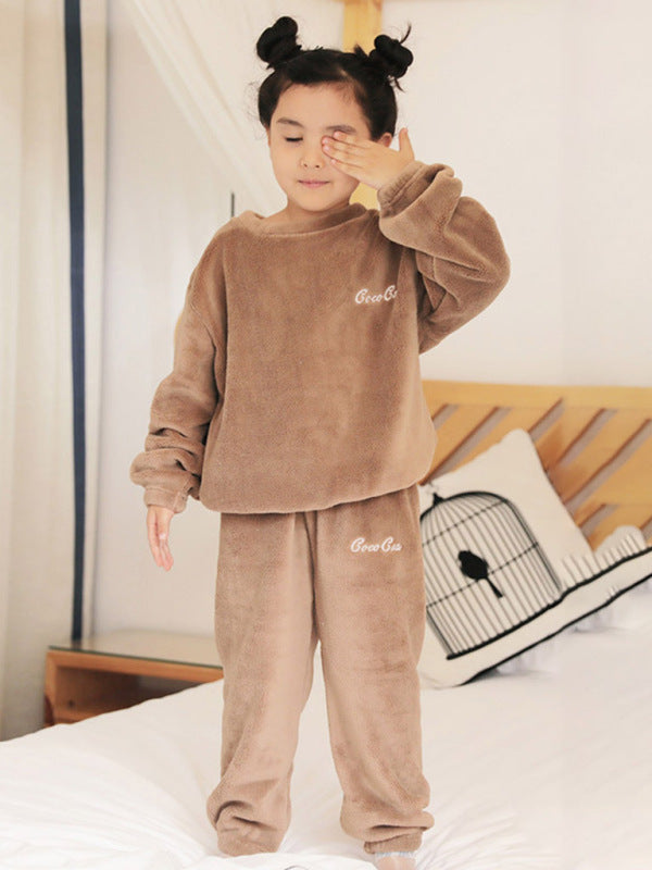Children'S Embroidered Coral Fleece Pajama Set - Hiccupzz