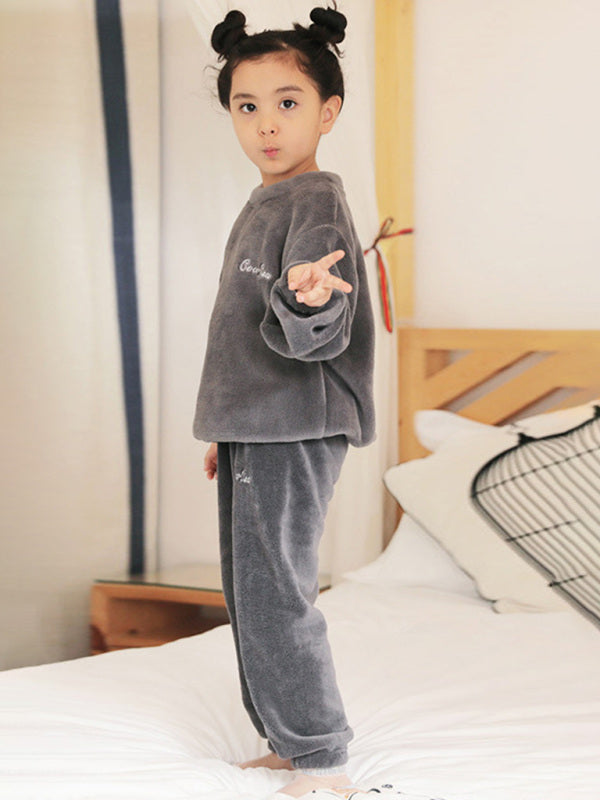 Children'S Embroidered Coral Fleece Pajama Set - Hiccupzz