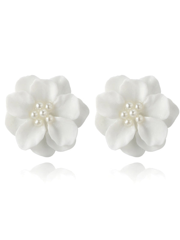 Simple and versatile exaggerated camellia three-dimensional white flower pearl earrings - Hiccupzz