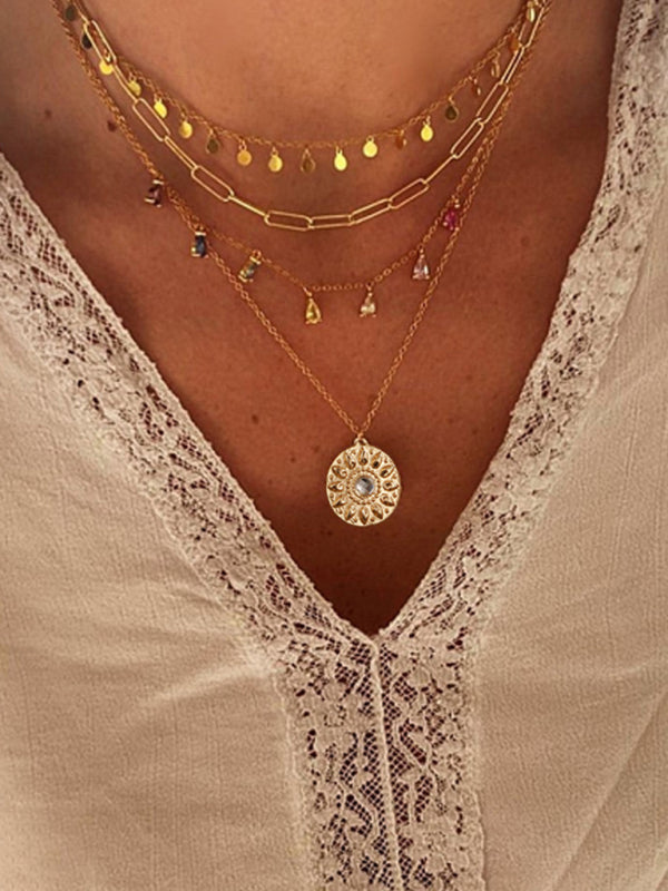 New geometric disc alloy buckle rhinestone tassel concave-convex disc pendant 4-layer necklace - Hiccupzz