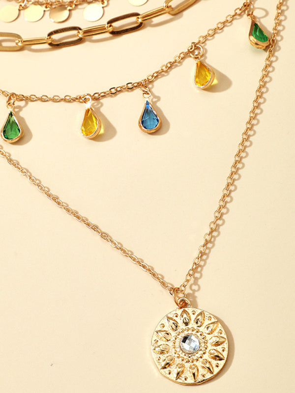 New geometric disc alloy buckle rhinestone tassel concave-convex disc pendant 4-layer necklace - Hiccupzz