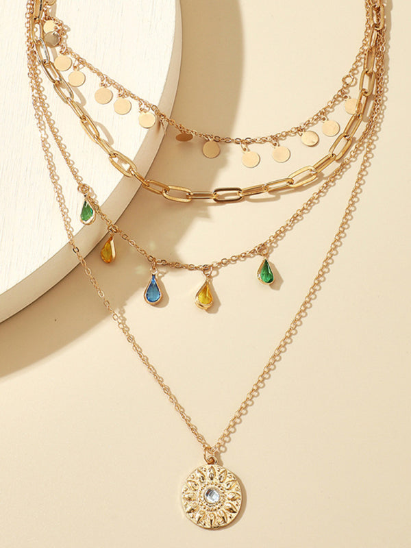 New geometric disc alloy buckle rhinestone tassel concave-convex disc pendant 4-layer necklace - Hiccupzz
