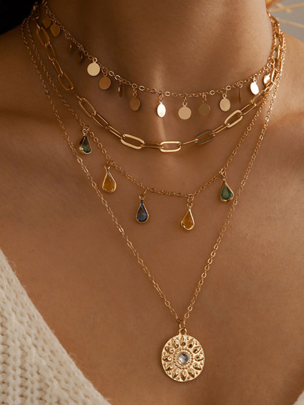 New geometric disc alloy buckle rhinestone tassel concave-convex disc pendant 4-layer necklace - Hiccupzz