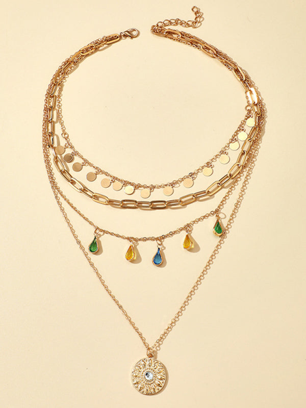 New geometric disc alloy buckle rhinestone tassel concave-convex disc pendant 4-layer necklace - Hiccupzz