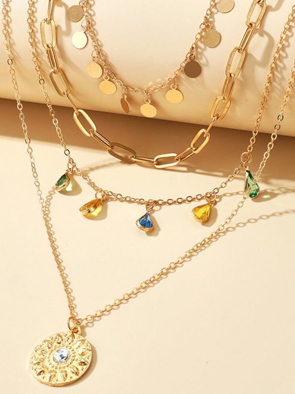 New geometric disc alloy buckle rhinestone tassel concave-convex disc pendant 4-layer necklace - Hiccupzz