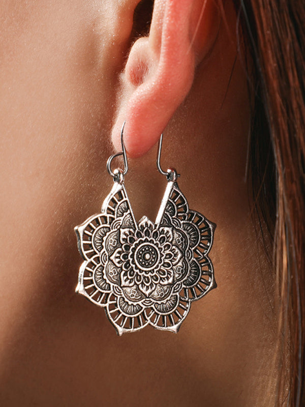 Vintage Ethnic Metal Cutout Floral Flower Earrings Bohemian Carved Earrings - Hiccupzz