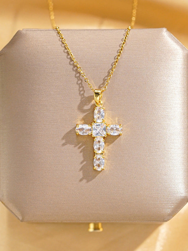 Inlaid zircon cross pendant necklace elegant clavicle chain - Hiccupzz