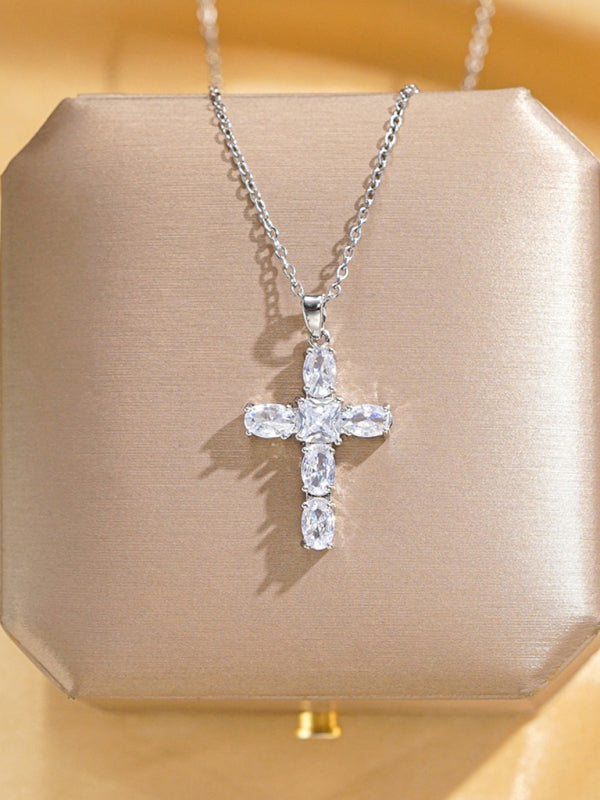 Inlaid zircon cross pendant necklace elegant clavicle chain - Hiccupzz