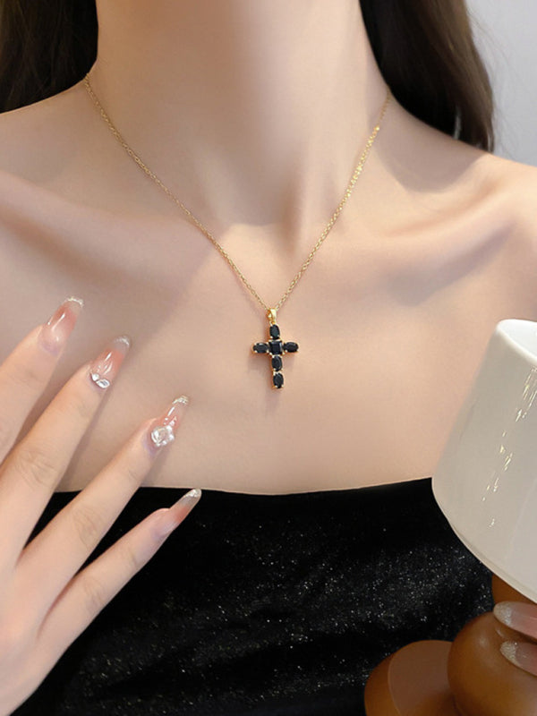 Inlaid zircon cross pendant necklace elegant clavicle chain - Hiccupzz
