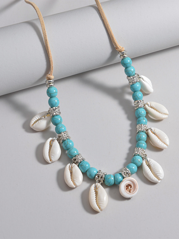 Bohemian shell pendant turquoise beaded velvet braided adjustable necklace for men and women - Hiccupzz