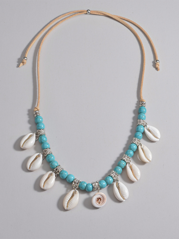 Bohemian shell pendant turquoise beaded velvet braided adjustable necklace for men and women - Hiccupzz