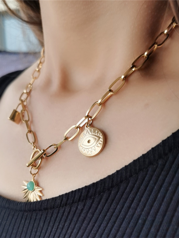 Leaves Devil's Eye Lock Pendant OT Buckle Collarbone Necklace - Hiccupzz