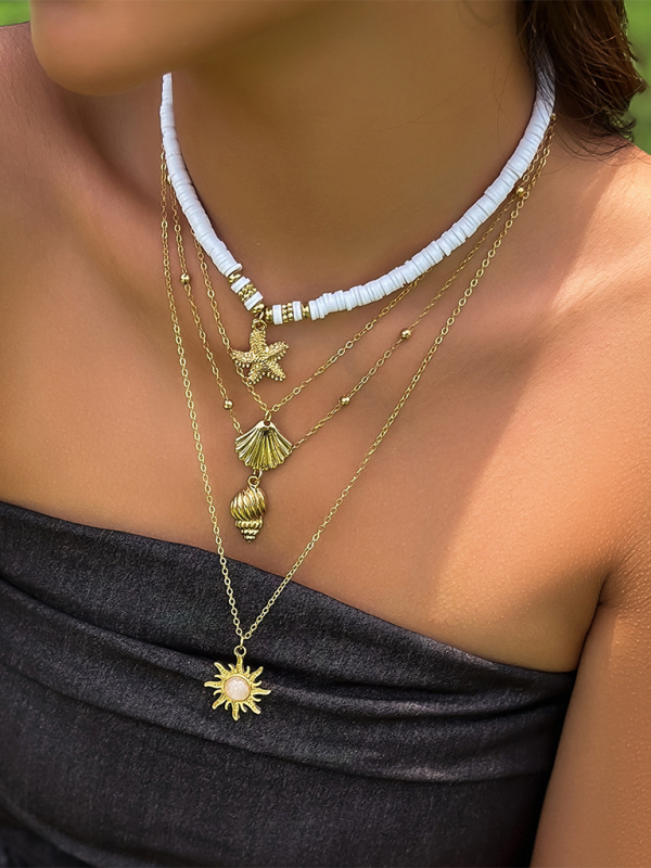 Ocean-style shell conch tassel multi-layer necklace, stacked soft clay starfish necklace - Hiccupzz