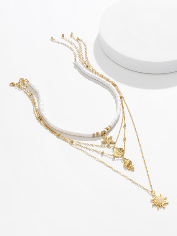 Ocean-style shell conch tassel multi-layer necklace, stacked soft clay starfish necklace - Hiccupzz