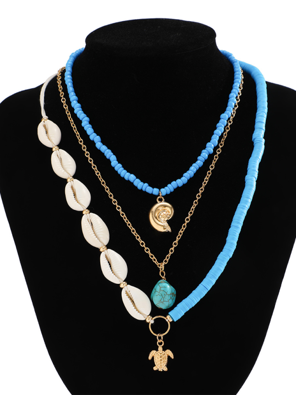 Ocean-style shell conch tassel multi-layer necklace, stacked soft clay starfish necklace - Hiccupzz