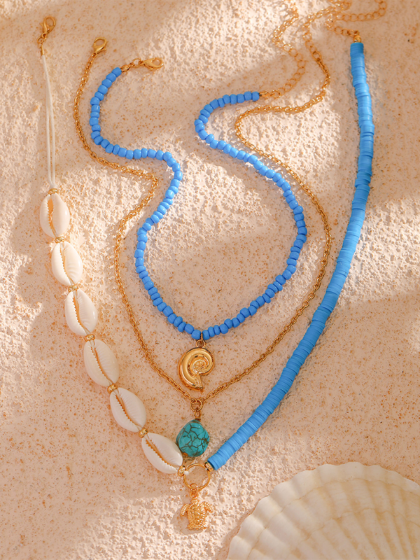 Ocean-style shell conch tassel multi-layer necklace, stacked soft clay starfish necklace - Hiccupzz