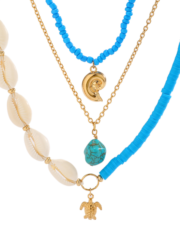 Ocean-style shell conch tassel multi-layer necklace, stacked soft clay starfish necklace - Hiccupzz