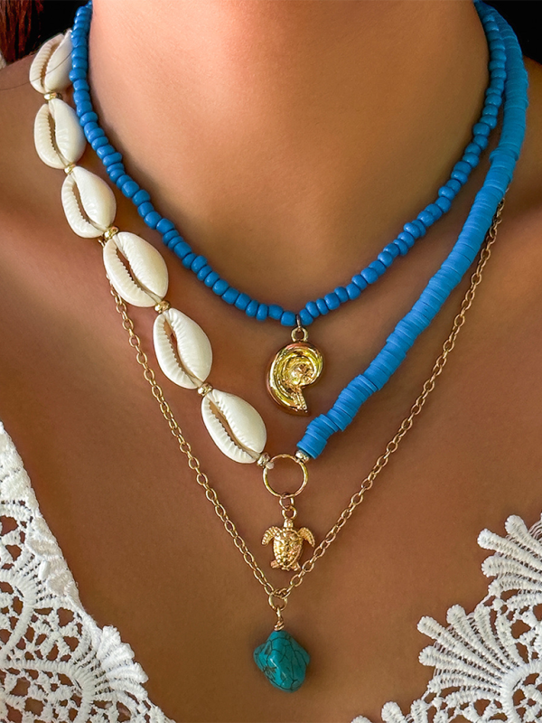 Ocean-style shell conch tassel multi-layer necklace, stacked soft clay starfish necklace - Hiccupzz
