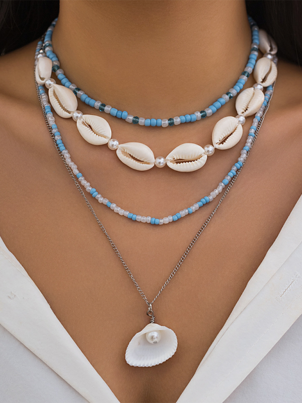 Ocean-style shell conch tassel multi-layer necklace, stacked soft clay starfish necklace - Hiccupzz