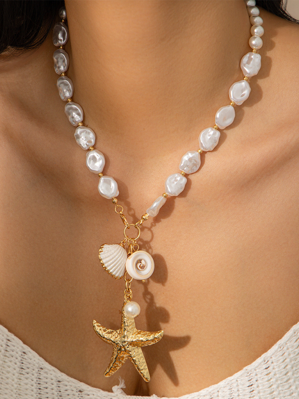 Ocean-style shell conch tassel multi-layer necklace, stacked soft clay starfish necklace - Hiccupzz