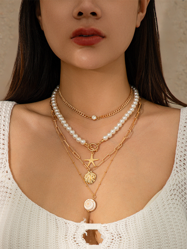 Ocean-style shell conch tassel multi-layer necklace, stacked soft clay starfish necklace - Hiccupzz