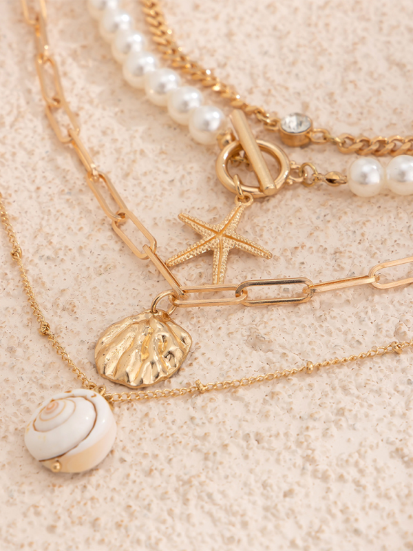 Ocean-style shell conch tassel multi-layer necklace, stacked soft clay starfish necklace - Hiccupzz