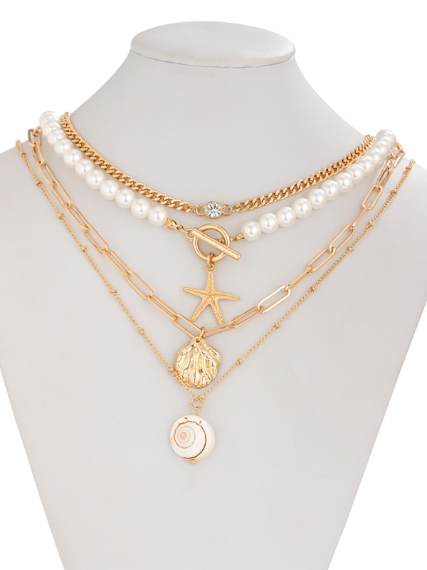 Ocean-style shell conch tassel multi-layer necklace, stacked soft clay starfish necklace - Hiccupzz
