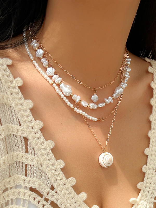 Ocean-style shell conch tassel multi-layer necklace, stacked soft clay starfish necklace - Hiccupzz