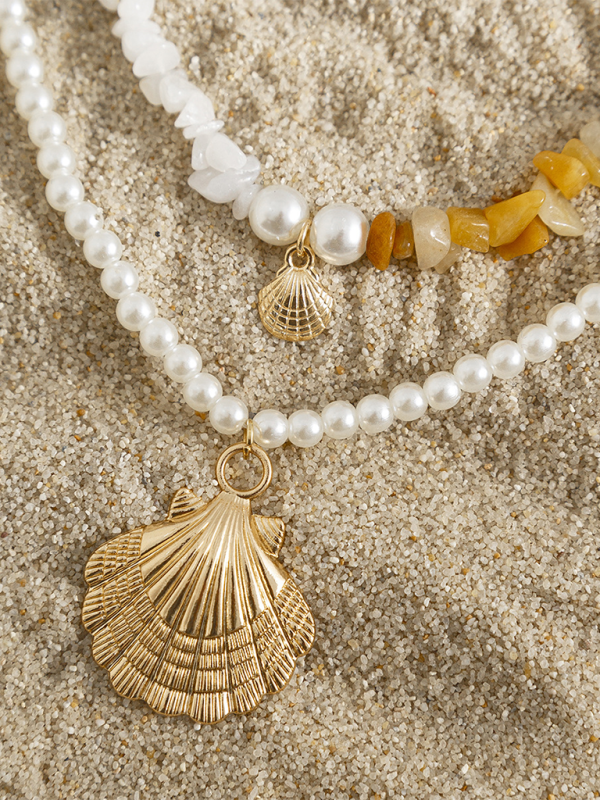 Ocean-style shell conch tassel multi-layer necklace, stacked soft clay starfish necklace - Hiccupzz