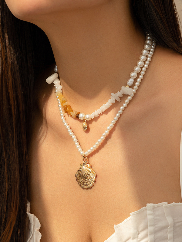 Ocean-style shell conch tassel multi-layer necklace, stacked soft clay starfish necklace - Hiccupzz