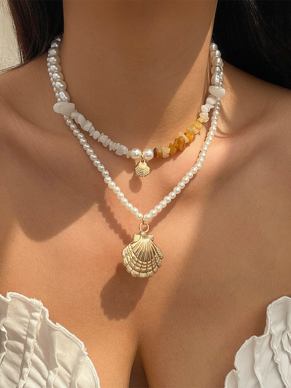 Ocean-style shell conch tassel multi-layer necklace, stacked soft clay starfish necklace - Hiccupzz