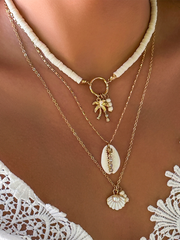 Ocean-style shell conch tassel multi-layer necklace, stacked soft clay starfish necklace - Hiccupzz