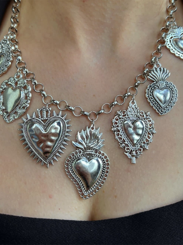 Multiple Sacred Heart Pendant Necklace Silver Chain Personalized Design Female Jewelry - Hiccupzz