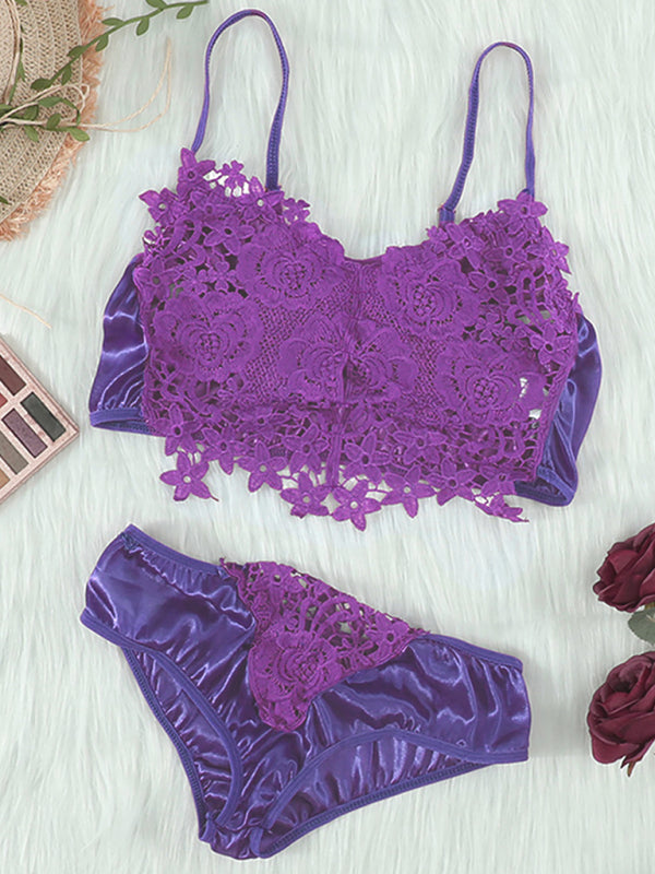 Spaghetti Straps Crochet Lace Hollow Out Bra Thong Lingerie Set