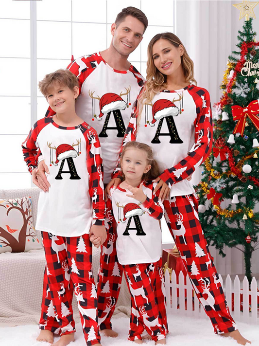 Christmas Parent-Child Pajama Set Santa Hat Alphabet Printed Loungewear (A-Z letters are optional) - Hiccupzz