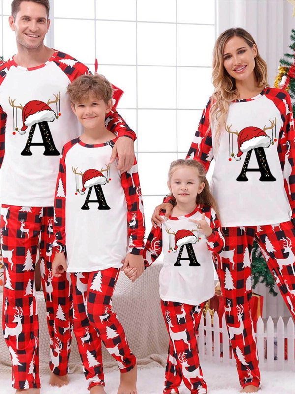 Christmas Parent-Child Pajama Set Santa Hat Alphabet Printed Loungewear (A-Z letters are optional) - Hiccupzz