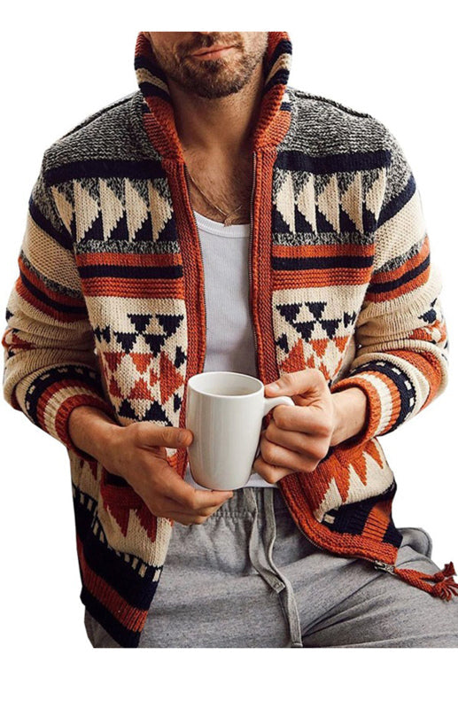 Men's Long Sleeve Lapel Outer Sweater Embroidered Stand Collar Zip Sweater - Hiccupzz