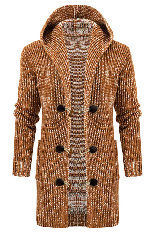 Men's Mid Length Hooded Knit Cardigan Horn Buckle Hooded Long Sweater - Hiccupzz