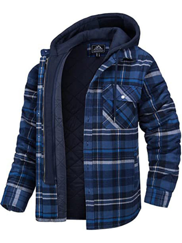 Men casual Thickened Padded Plaid Long Sleeve Loose Hooded Jacket - Hiccupzz