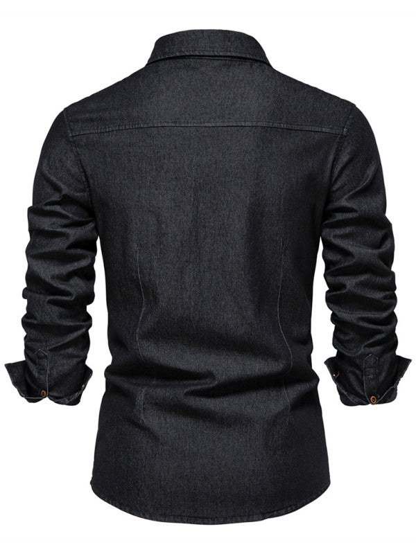 Denim non-iron shirt men's casual solid color non-iron men's long-sleeved shirt - Hiccupzz