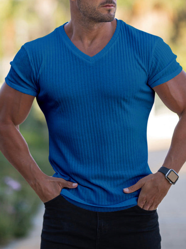 Men's Summer Slim Fit V-Neck Sports T-Shirt – Breathable Solid Color Short Sleeve