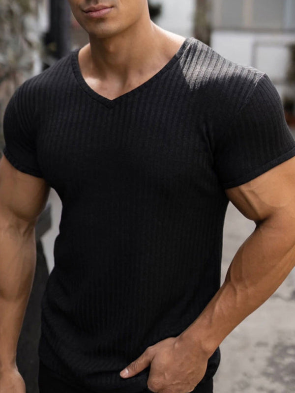 Men's Summer Slim Fit V-Neck Sports T-Shirt – Breathable Solid Color Short Sleeve