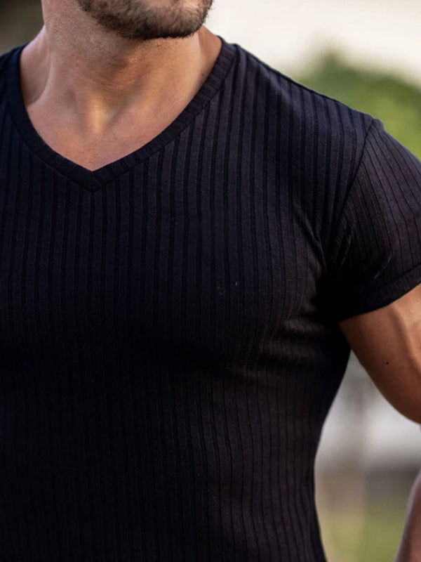 Men's Summer Slim Fit V-Neck Sports T-Shirt – Breathable Solid Color Short Sleeve