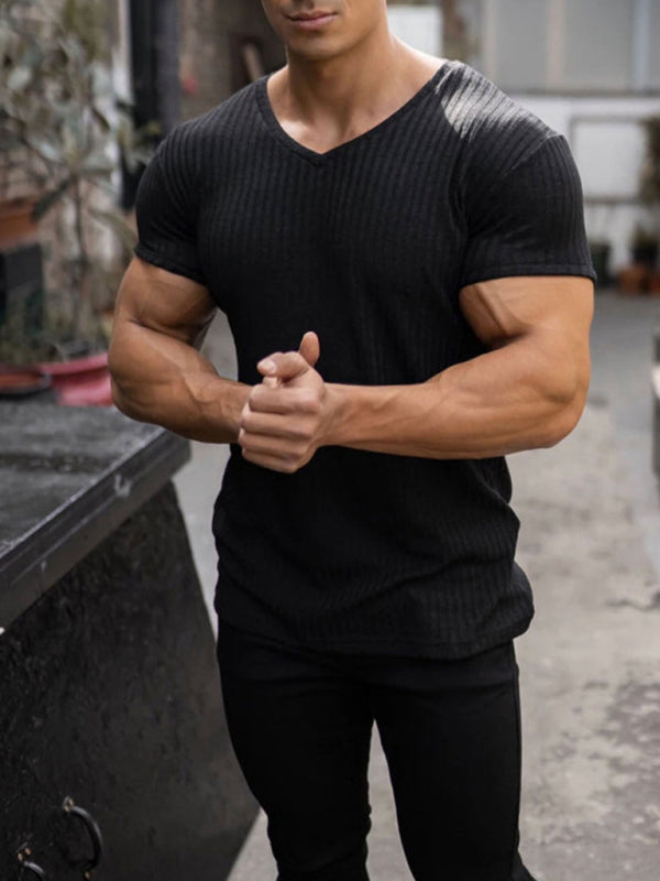 Men's Summer Slim Fit V-Neck Sports T-Shirt – Breathable Solid Color Short Sleeve