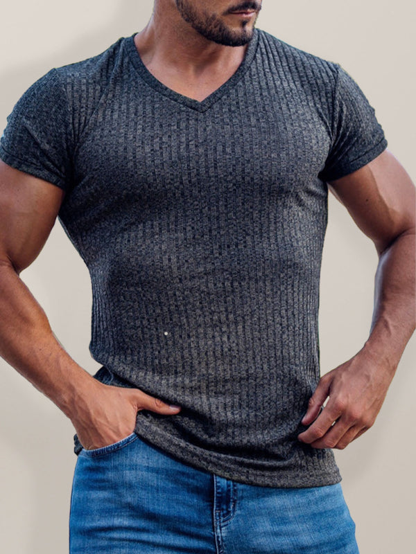 Men's Summer Slim Fit V-Neck Sports T-Shirt – Breathable Solid Color Short Sleeve