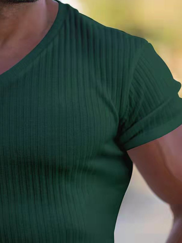 Men's Summer Slim Fit V-Neck Sports T-Shirt – Breathable Solid Color Short Sleeve