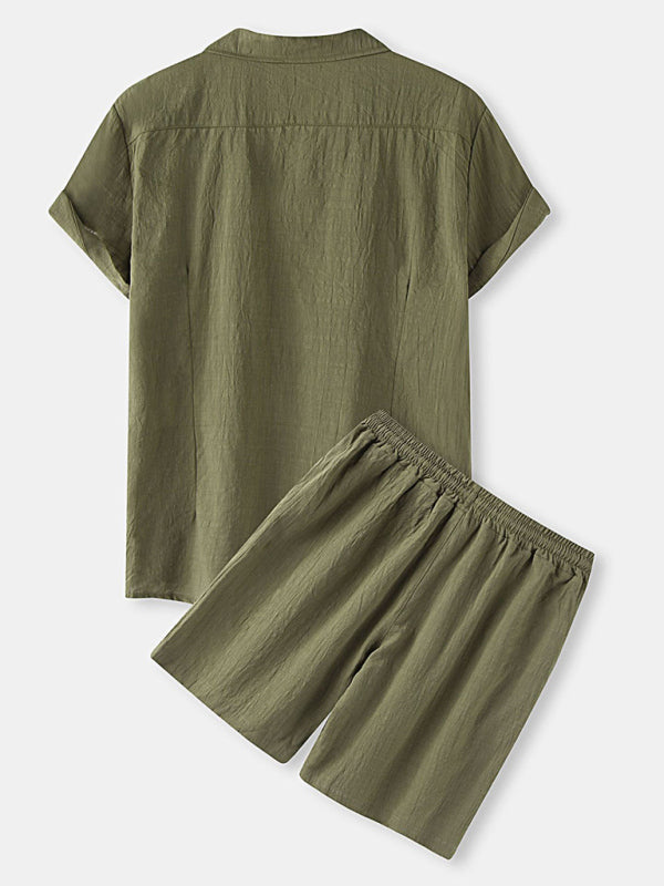 Men's Cotton Linen Casual Set – Solid Color Short-Sleeve T-Shirt & Shorts