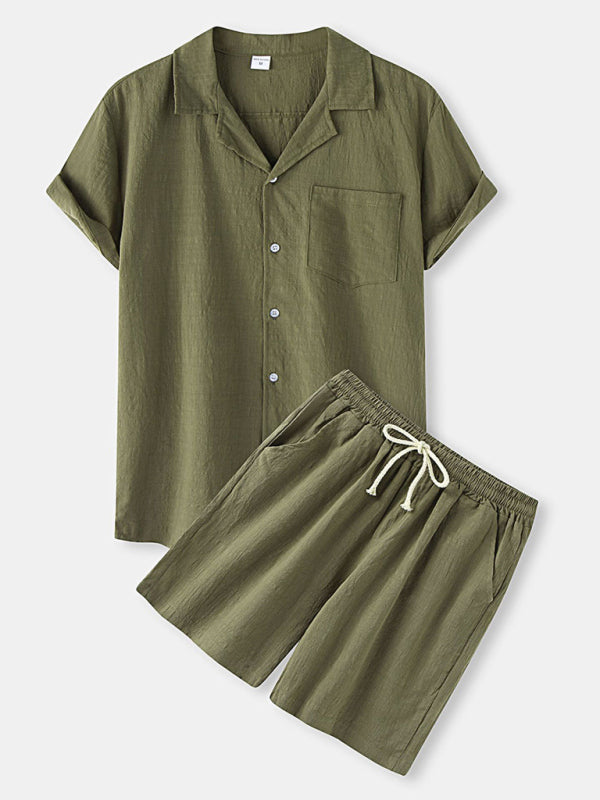Men's Cotton Linen Casual Set – Solid Color Short-Sleeve T-Shirt & Shorts